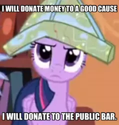 Size: 1494x1570 | Tagged: safe, derpibooru import, twilight sparkle, twilight sparkle (alicorn), alicorn, pony, three's a crowd, caption, female, hat, image macro, mare, meme, paper hat, solo, text