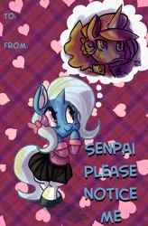 Size: 1841x2800 | Tagged: safe, artist:fauxsquared, derpibooru import, princess luna, trixie, pony, luna-afterdark, bipedal, blushing, clothes, cute, faux is gonna kill us all!!!, female, holiday, lesbian, luxie, scar, school uniform, schoolgirl, senpai, shipping, skirt, thought bubble, trixie is magic, valentine, valentine's day
