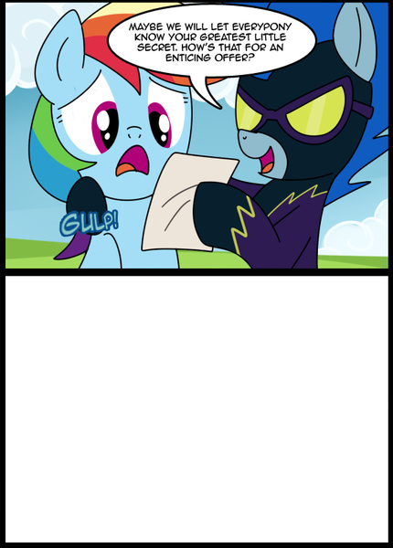 Size: 571x796 | Tagged: artist:madmax, blackmail, clothes, costume, d:, dash's little secret, derpibooru import, exploitable, exploitable meme, frown, meme, nightshade, open mouth, rainbow dash, safe, shadowbolts, shadowbolts costume, smiling, template