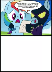 Size: 571x796 | Tagged: artist:madmax, blackmail, clothes, costume, d:, dash's little secret, derpibooru import, exploitable, exploitable meme, frown, meme, nightshade, open mouth, rainbow dash, safe, shadowbolts, shadowbolts costume, smiling, template