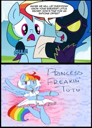 Size: 571x796 | Tagged: artist:madmax, clothes, costume, dash's little secret, derpibooru import, exploitable meme, meme, nightshade, princess tutu, rainbow dash, rainbow dash always dresses in style, safe, shadowbolts, shadowbolts costume