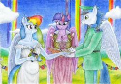 Size: 2333x1630 | Tagged: safe, artist:sinaherib, derpibooru import, rainbow dash, soarin', twilight sparkle, twilight sparkle (alicorn), alicorn, anthro, breasts, busty rainbow dash, busty twilight sparkle, cleavage, clothes, dress, female, male, marriage, pregnant, sensibly-proportioned pregnancy, shipping, soarindash, straight, traditional art, wedding, wedding dress