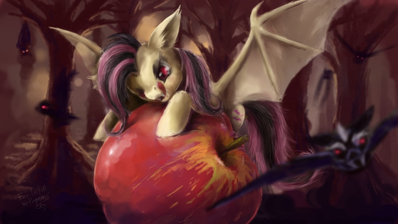 Size: 3000x1688 | Tagged: safe, artist:foxtailpegasus, derpibooru import, fluttershy, bat, bat pony, fruit bat, pony, vampire fruit bat, bats!, apple, bat ponified, emoshy, flutterbat, food, giant apple, race swap, solo