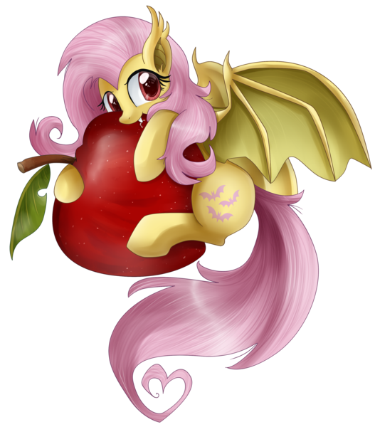 Size: 2786x3172 | Tagged: safe, artist:pridark, derpibooru import, fluttershy, bat pony, pony, bats!, apple, bat ponified, cute, flutterbat, food, race swap, shyabates, shyabetes, simple background, solo, that pony sure does love apples, transparent background