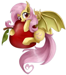 Size: 2786x3172 | Tagged: safe, artist:pridark, derpibooru import, fluttershy, bat pony, pony, bats!, apple, bat ponified, cute, flutterbat, food, race swap, shyabates, shyabetes, simple background, solo, that pony sure does love apples, transparent background