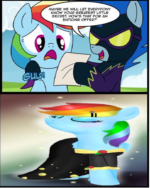 Size: 636x798 | Tagged: clothes, costume, dash's little secret, derpibooru import, exploitable meme, meme, nightshade, rainbow dash, rainbow dash always dresses in style, safe, shadowbolts, shadowbolts costume