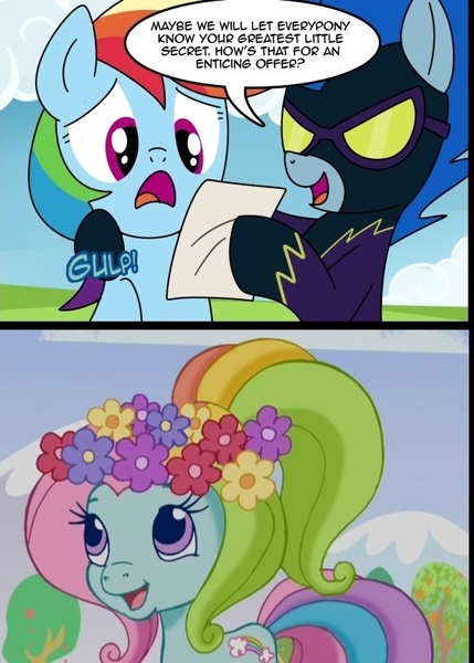 Size: 563x788 | Tagged: blackmail, clothes, costume, dash's little secret, derpibooru import, edit, exploitable meme, g3.5, meme, memeception, nightshade, old shame, rainbow dash, rainbow dash always dresses in style, rainbow dash (g3), safe, shadowbolts, shadowbolts costume