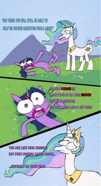 Size: 660x1211 | Tagged: artist:hydoyezen, broken leg, comic, dead source, derpibooru import, dialogue, injured, king sombra, parody, pilot (rick and morty), princess celestia, rick and morty, sad, safe, twilight sparkle