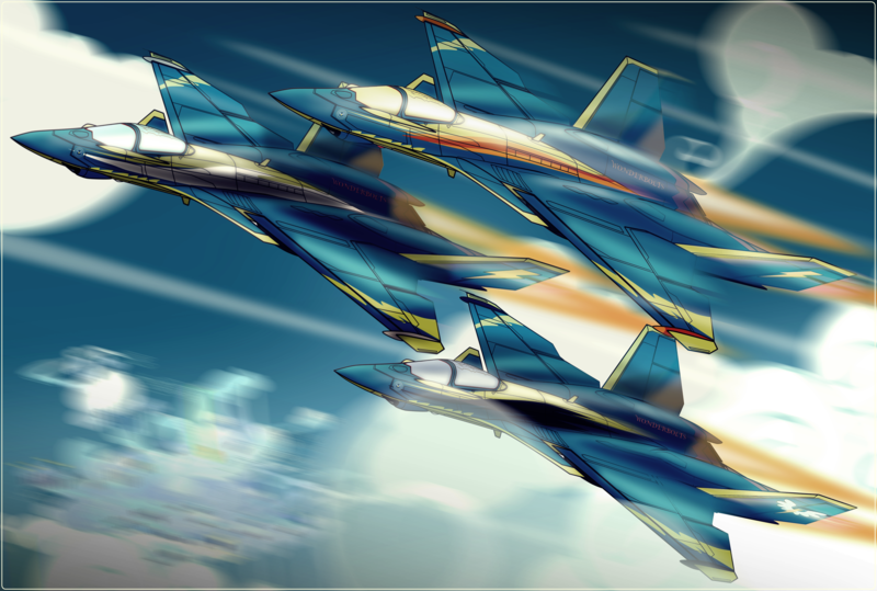 Size: 4308x2904 | Tagged: afterburner, artist:ruhisu, blue angels, cloudsdale, derpibooru import, equestria games, equestria games (episode), fighter, fleetfoot, formation, jet, jet fighter, plane, safe, season 4, soarin', spitfire, squadron, wonderbolts