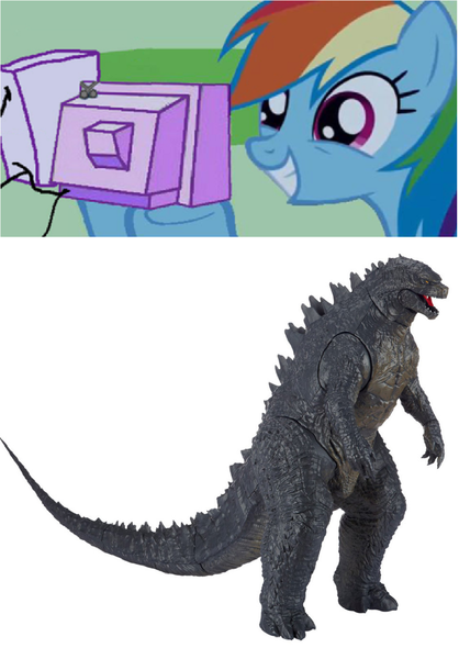 Size: 948x1360 | Tagged: derpibooru import, exploitable meme, godzilla, godzilla 2014, godzilla (series), kaiju, meme, obligatory pony, rainbow dash, safe, toy, tv meme