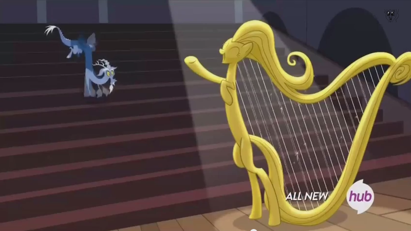 Size: 844x474 | Tagged: blue flu, derpibooru import, discord, harp, louise the singing harp, musical instrument, safe, screencap, three's a crowd