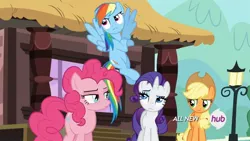 Size: 1438x809 | Tagged: safe, derpibooru import, screencap, applejack, pinkie pie, rainbow dash, rarity, earth pony, pegasus, pony, unicorn, three's a crowd, applejack's hat, cowboy hat, female, flying, hat, mare, pinkie pie is not amused, unamused