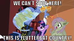 Size: 629x353 | Tagged: safe, derpibooru import, edit, edited screencap, screencap, discord, fluttershy, twilight sparkle, twilight sparkle (alicorn), alicorn, bat pony, pony, bats!, three's a crowd, bat country, bat ponified, blue flu, caption, fear and loathing in las vegas, flutterbat, image macro, race swap, raoul duke, text, we can't stop here this is bat country