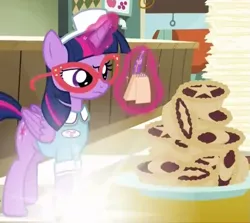 Size: 617x551 | Tagged: safe, derpibooru import, twilight sparkle, twilight sparkle (alicorn), alicorn, pony, three's a crowd, clothes, diner, female, food, glasses, magic, mare, mince pie, pie, solo, table, waitress, waitress twilight sparkle