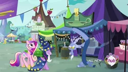 Size: 1280x720 | Tagged: safe, derpibooru import, screencap, discord, princess cadance, twilight sparkle, twilight sparkle (alicorn), alicorn, pony, three's a crowd, blue flu, female, headless, hub logo, hubble, mare, modular