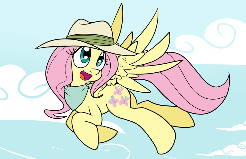 Size: 1300x844 | Tagged: artist:reiduran, bag, bandana, clothes, derpibooru import, explorer outfit, fedora, fluttershy, hat, saddle bag, safe, solo, three's a crowd