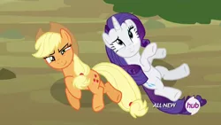 Size: 1280x720 | Tagged: applejack, derpibooru import, edit, rarity, safe, screencap, three's a crowd