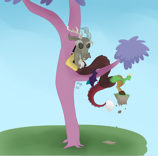 Size: 911x903 | Tagged: arm behind head, artist:blastdown, blue background, derpibooru import, discord, draconequus, eyes closed, male, safe, simple background, sitting in a tree, solo, thinking tree, three's a crowd, tree