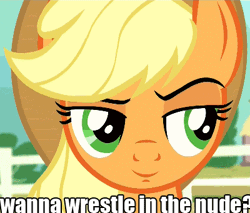 Size: 400x341 | Tagged: animated, applejack, caption, derpibooru import, eyebrow wiggle, female, image macro, inverted mouth, raised eyebrow, solo, solo female, suggestive, text, three's a crowd, unconvinced applejack