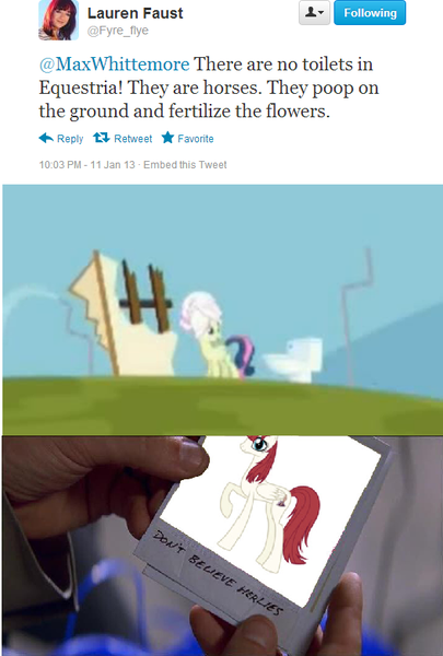 Size: 528x783 | Tagged: alicorn, bon bon, derpibooru import, don't believe her lies, exploitable meme, lauren faust, meme, memento, meta, oc, oc:fausticorn, safe, sweetie drops, three's a crowd, toilet, twitter, word of faust