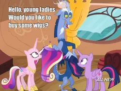 Size: 1561x1173 | Tagged: safe, derpibooru import, screencap, discord, princess cadance, twilight sparkle, twilight sparkle (alicorn), alicorn, pony, three's a crowd, bald, blue flu, caption, female, image macro, mane swap, mare, modular, text, wig