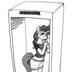 Size: 900x900 | Tagged: safe, artist:kevinsano, derpibooru import, air way, pearly whites, anthro, pony, three's a crowd, adorkable, background pony, belly button, braces, cute, dork, grayscale, metal detector, midriff, monochrome, solo