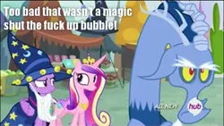 Size: 663x373 | Tagged: safe, derpibooru import, discord, princess cadance, twilight sparkle, twilight sparkle (alicorn), alicorn, pony, three's a crowd, blue flu, caption, female, hub logo, image macro, mare, shut the fuck up, stfu, text, vulgar