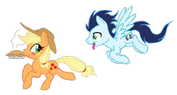 Size: 499x267 | Tagged: safe, artist:kasun05, derpibooru import, applejack, soarin', blushing, female, food, male, pie, pie seduce, shipping, simple background, soarinjack, straight, that pony sure does love pies, tongue out, transparent background