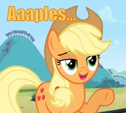 Size: 675x608 | Tagged: apple, applejack, bedroom eyes, caption, chowder, derpibooru import, edit, edited screencap, food, image macro, ladies, open mouth, pointing, safe, screencap, smiling, solo, text, that pony sure does love apples, three's a crowd