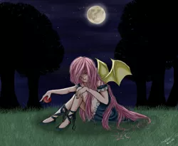 Size: 1153x947 | Tagged: safe, artist:jenyeongi, derpibooru import, fluttershy, bat pony, human, bats!, apple, bat ponified, clothes, dress, flutterbat, food, humanized, light skin, moon, night, race swap, solo, stars, winged humanization, wings