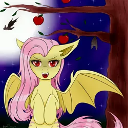 Size: 4150x4150 | Tagged: safe, artist:nekoangel0214, derpibooru import, fluttershy, bat, bat pony, pony, bats!, absurd resolution, apple, bat ponified, flutterbat, flying, food, hanging, looking at you, moon, night, race swap, solo, stars, tree, upside down