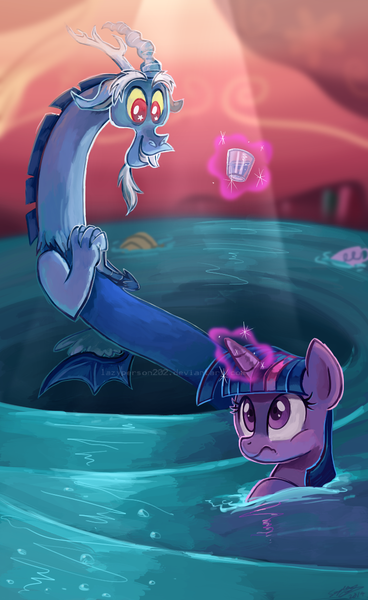 Size: 729x1187 | Tagged: safe, artist:sewyouplushiethings, derpibooru import, discord, twilight sparkle, twilight sparkle (alicorn), alicorn, pony, three's a crowd, blue flu, female, magic, mare, scene interpretation, water