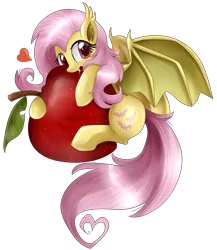 Size: 2786x3204 | Tagged: safe, artist:pridark, derpibooru import, fluttershy, bat pony, pony, bats!, apple, bat ponified, cute, flutterbat, food, heart, pridark is trying to murder us, race swap, shyabates, shyabetes, simple background, solo, that pony sure does love apples, transparent background