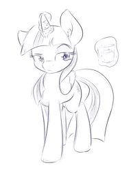 Size: 528x680 | Tagged: safe, artist:alasou, deleted from derpibooru, derpibooru import, twilight sparkle, twilight sparkle (alicorn), alicorn, pony, three's a crowd, female, frown, glass, just a glass of water, lineart, magic, mare, monochrome, raised eyebrow, simple background, solo, standing, telekinesis, water