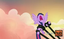 Size: 745x460 | Tagged: suggestive, derpibooru import, edit, edited screencap, screencap, twilight sparkle, twilight sparkle (alicorn), alicorn, pony, tatzlwurm, three's a crowd, female, flying, hub logo, logo, mare, meme, nose in the air, open mouth, out of context, pornhub, screaming, spread wings, tentacle porn, tentacles, the hub, uvula, volumetric mouth, wings