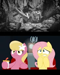 Size: 397x497 | Tagged: creepy, derpibooru import, fluttershy, insect, king kong, lily, lily's movie, lily valley, pit, safe, scared, scary, spider, theater