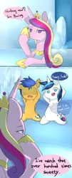 Size: 1005x2500 | Tagged: artist:sion, blushing, bored, comic, derpibooru import, featureless crotch, flash sentry, princess cadance, shining armor, suggestive, three's a crowd