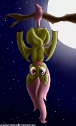 Size: 3000x5000 | Tagged: safe, artist:erockertorres, derpibooru import, fluttershy, bat pony, pony, bats!, apple, bat ponified, flutterbat, food, hanging, moon, night, race swap, solo, stars, tree, upside down