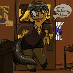 Size: 1000x1000 | Tagged: adorkable, a.k. yearling, anthro, artist:arnachy, breasts, cleavage, clothes, cute, daring do, daring don't, derpibooru import, dialogue, door, dork, female, glasses, indiana jones, meganekko, miniskirt, pantyhose, reference, safe, shoes, skirt, speech bubble, tube skirt, unguligrade anthro