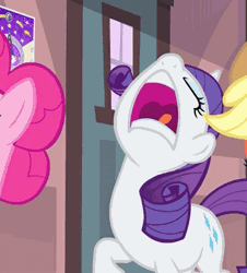 Size: 304x336 | Tagged: safe, derpibooru import, applejack, pinkie pie, rarity, three's a crowd, aaugh!, animated, eyes closed, marshmelodrama, nose in the air, open mouth, rarity being rarity, screaming, tongue out, yelling