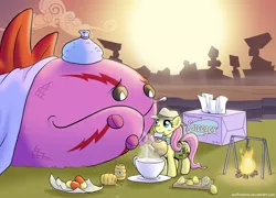 Size: 1600x1155 | Tagged: artist:muffinshire, clothes, cup, cute, derpibooru import, explorer outfit, fire, fluttershy, food, honey, ice pack, kettle, lemon, mouth hold, pills, product placement, safe, sick, smiling, tatzlwurm, teacup, thermometer, three's a crowd, tissue, tissue box