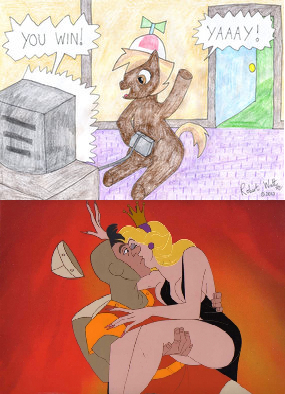 Size: 285x394 | Tagged: arcade, breasts, button mash, button's odd game, derpibooru import, dirk the daring, don bluth, dragon's lair, female, game, gamer, meme, playing, princess daphne, safe, win