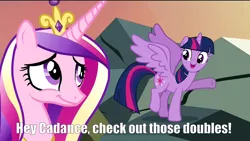 Size: 1920x1080 | Tagged: safe, derpibooru import, princess cadance, twilight sparkle, twilight sparkle (alicorn), alicorn, pony, three's a crowd, caption, check em, doubles, dubs, duo, female, impact font, mare, spread wings, wings