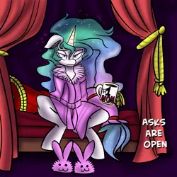 Size: 1280x1280 | Tagged: #1 mom, :3, artist:fauxsquared, bathrobe, bed, bed mane, clothes, coffee, derpibooru import, drink, magic, messy mane, momlestia, morning ponies, mug, princess celestia, robe, safe, slippers, solo, telekinesis, trixie is magic, tumblr:it's always sunny in canterlot