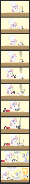 Size: 1466x9001 | Tagged: safe, artist:041744, derpibooru import, derpy hooves, sweetie belle, pegasus, pony, chef's hat, comic, cooking, female, food, hat, mare, sweetie belle can't cook, sweetie fail, toaster