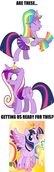 Size: 1069x3380 | Tagged: safe, derpibooru import, applejack, fluttershy, princess cadance, twilight sparkle, twilight sparkle (alicorn), alicorn, pony, rainbow falls, three's a crowd, caption, cheerleader, cheerleader sparkle, female, image macro, mane swap, mare, question, rainbow power, text