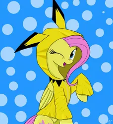 Size: 853x936 | Tagged: artist:ciscoql, clothes, derpibooru import, fluttershy, hoodie, one eye closed, pichu, pokémon, safe, solo, wink