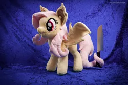 Size: 1280x850 | Tagged: safe, artist:pheiplushies, derpibooru import, fluttershy, bat pony, pony, bats!, bat ponified, flutterbat, irl, knife, photo, plushie, race swap