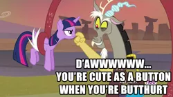 Size: 960x540 | Tagged: safe, derpibooru import, discord, twilight sparkle, twilight sparkle (alicorn), alicorn, pony, three's a crowd, butthurt, caption, female, mare, prehensile tail, reaction image, tail hold