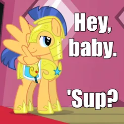 Size: 550x550 | Tagged: armor, caption, derpibooru import, flash sentry, flirting, haters gonna hate, image macro, meme, saddle, safe, solo, tack, text, three's a crowd